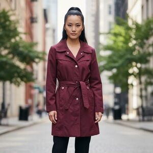 London Fog Burgundy Belted Lined Pockets Trench Rain Coat Size Large